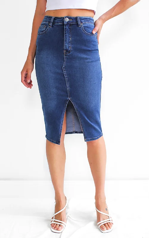 Women's black denim skirts for monochrome outfits -Christina Denim Skirt- Dark Blue Women's black denim skirts for monochrome outfits -Christina Denim Skirt- Dark Blue