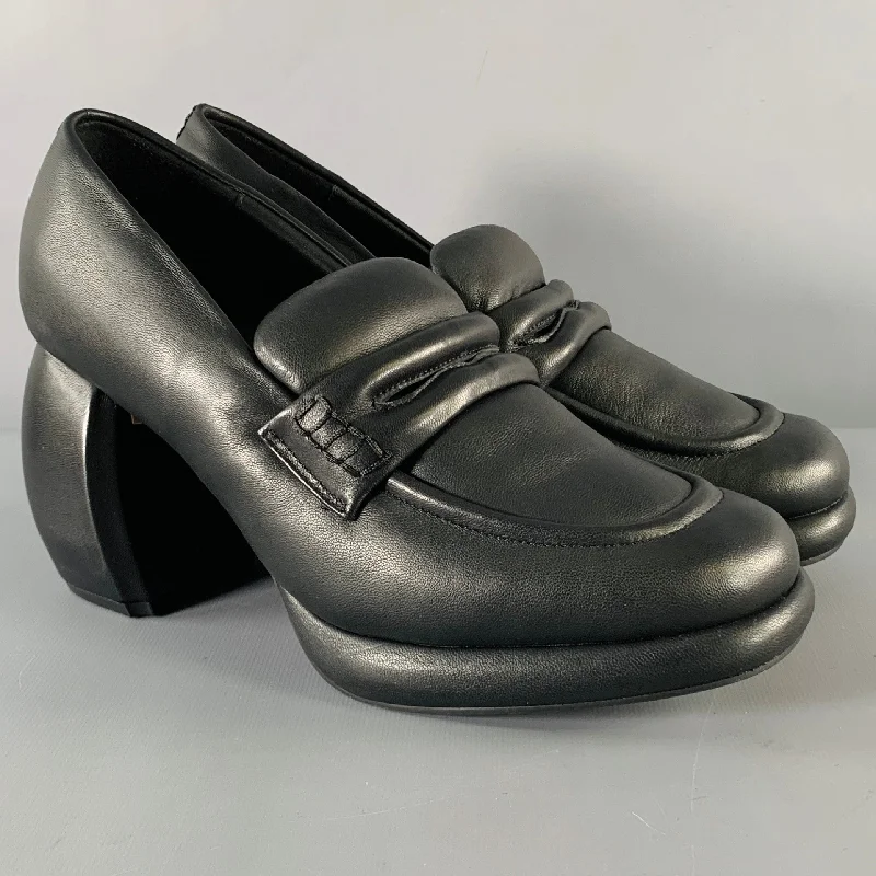 Trendy Chunky Heel Pumps for Casual Wear--CLARKS x MARTINE ROSE SS24 Size 7.5 Black Leather Chunky Heel Loafer Pumps