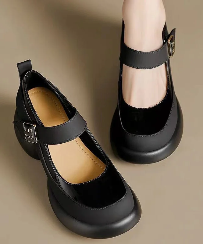 Classy Black Platform Genuine Leather Buckle Strap High Heels---Comfortable Leather Pumps for Office and Everyday Wear