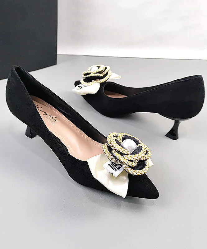 Affordable Suede Ankle Pumps for All-Day Wear--Classy Black Suede Splicing High Heels Pointed Toe