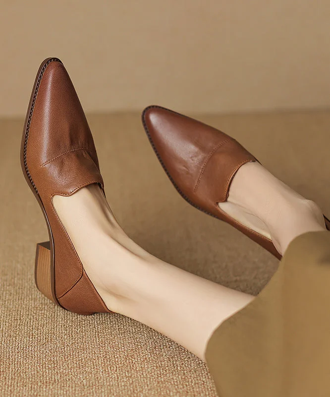 Trendy Chunky Heel Pumps for Casual Wear--Classy Chunky Loafer Shoes Brown Sheepskin Pointed Toe