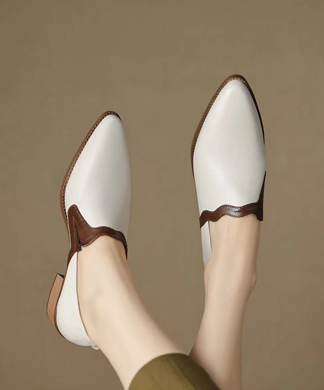 Stiletto Heel Pumps with Perfect Fit--Classy White Cowhide Leather Chunky Heel Pointed Toe-Fashionable & Classic