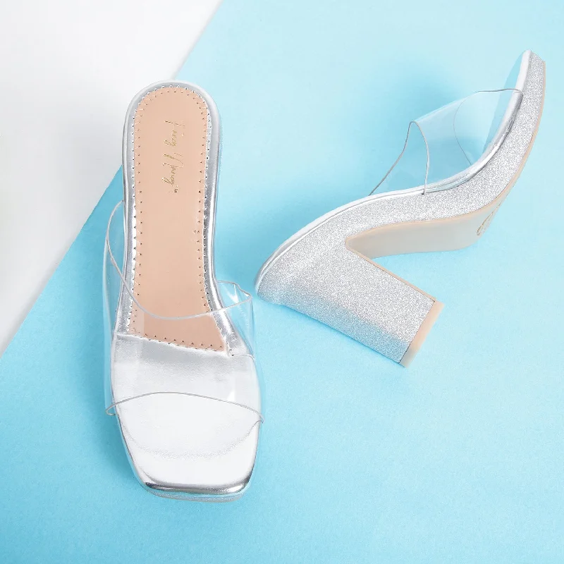 Versatile Heeled Sandals for Any Occasion---Clear Strap Sugar Heel - Silver