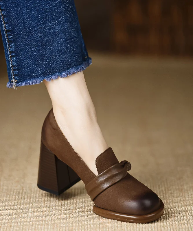 Coffee High Heels Chunky Cowhide Leather Classy Comfy Splicing---Comfortable Leather Pumps for Office and Everyday Wear