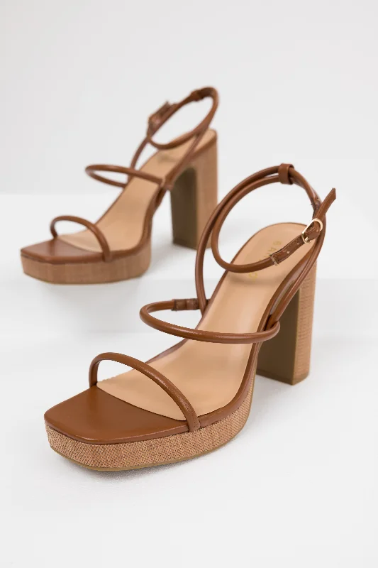 Stylish Platform Heels for Extra Height--Cognac Jute Platform Thin Strap High Heels