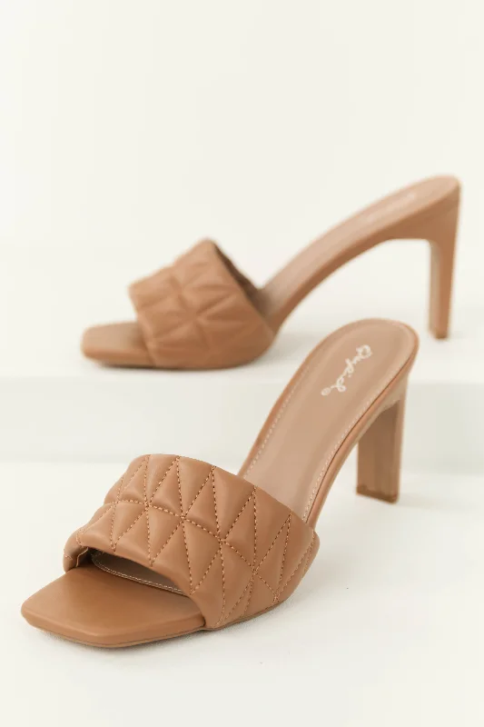 Cognac Square Toe Quilted Strap High Heels---Durable Square Toe Block Heels for Everyday Use