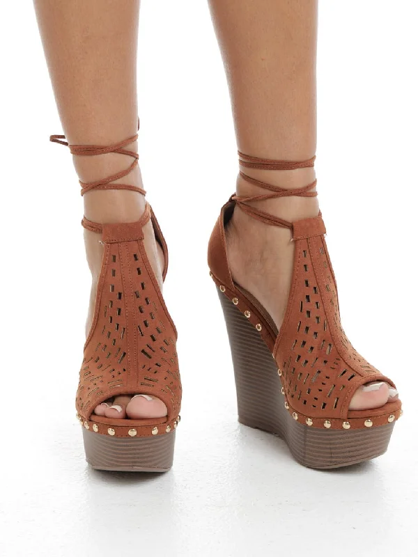 Cognac Tie-up Wedges---Fashionable Kitten Heels for Date Night