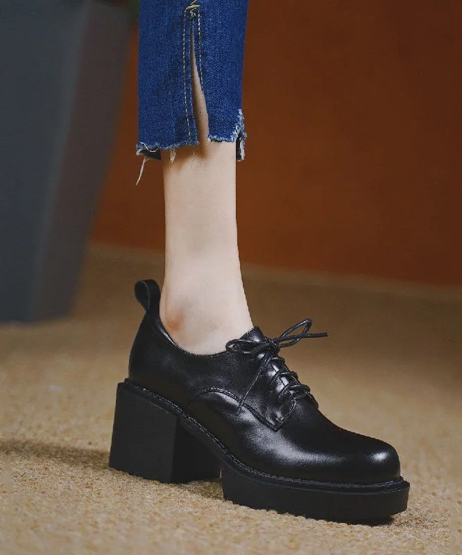 Comfy Black Cowhide Leather High Heels Lace Up Platform High Heels---Comfortable Leather Pumps for Office and Everyday Wear