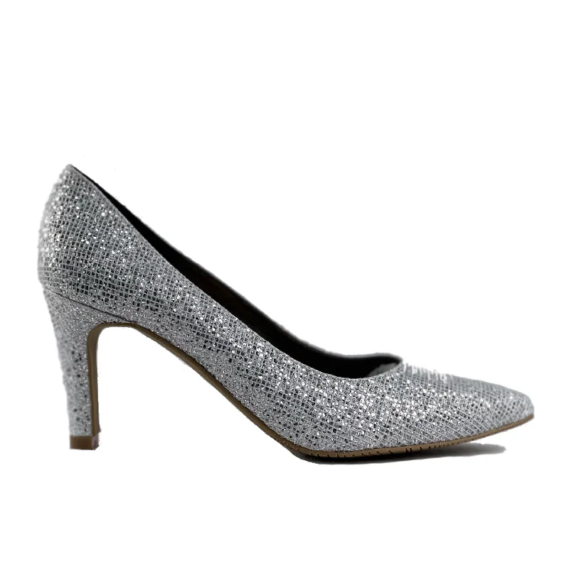 'Medina' silver glitter vegan mid-stiletto by Zette Shoes---Trendy Glitter Heels for a Glamorous Look