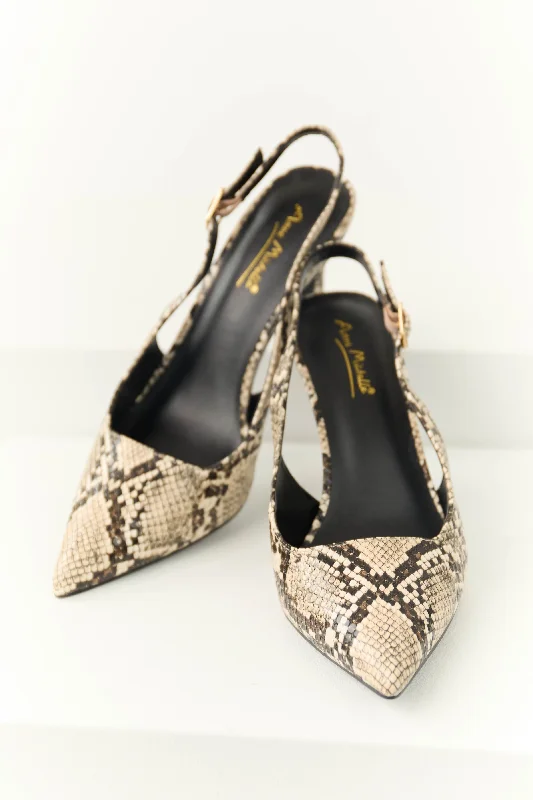 Stiletto Heel Pumps with Perfect Fit--Cream Snake Print Pointed Toe Slingback Heels-Fashionable & Classic