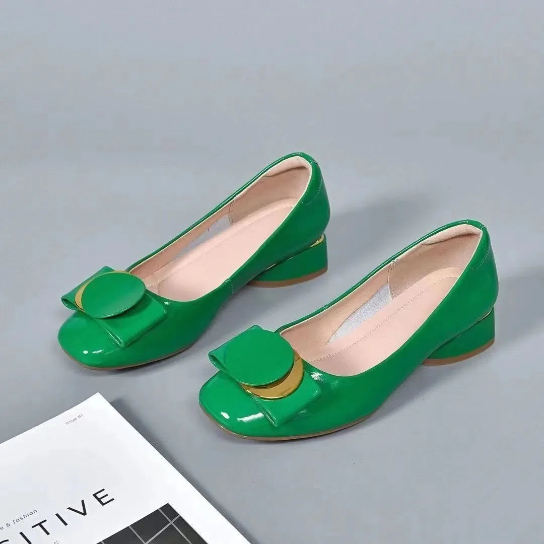 Stylish Slip-On Pumps for Quick Elegance---Women Cute Round Toe Green Pu Leather Spring Slip on Square Heel Shoes