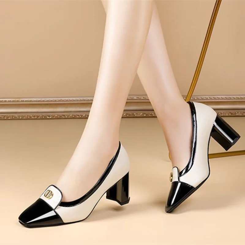 Stylish Slip-On Pumps for Quick Elegance---Zapatos De Mujer Women Fashion Black Slip on Square Heel Pumps Lady