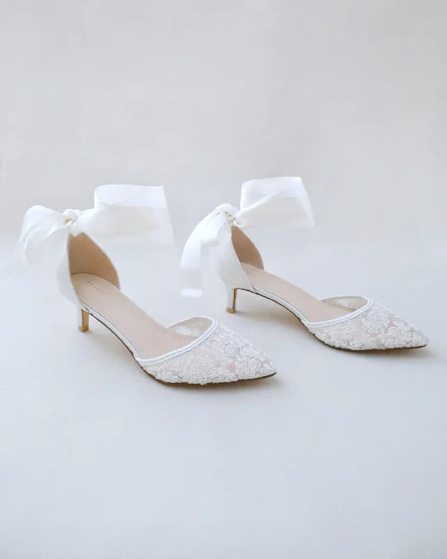 Stylish Lace Pumps for a Chic Look--Crochet Lace Pointy Toe Wedding Low Heels with Wrapped Ankle Tie