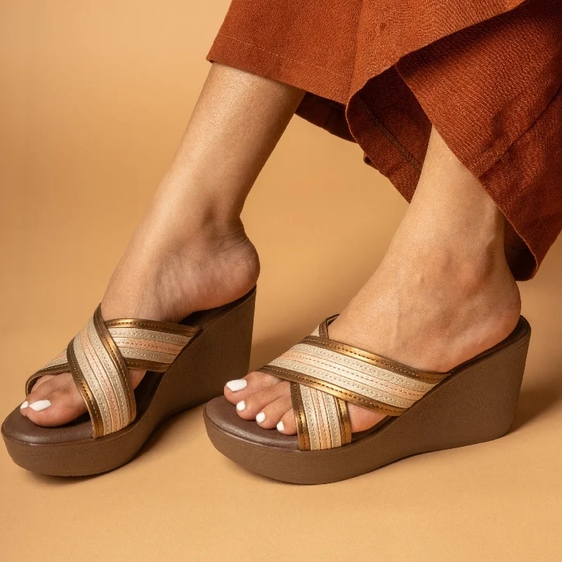 Versatile Heeled Sandals for Any Occasion---Cross Strap Wedges - Copper