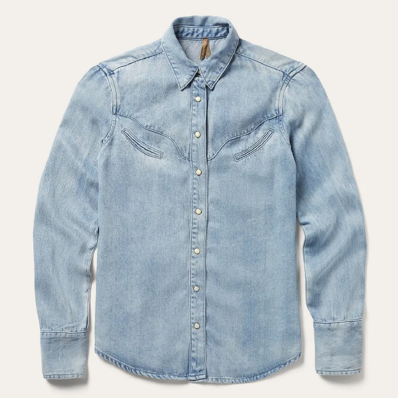 Denim tops featuring quantum dot patterns- -Women's denim tops for summer outfits-Curved Yoke Western Denim Shirt