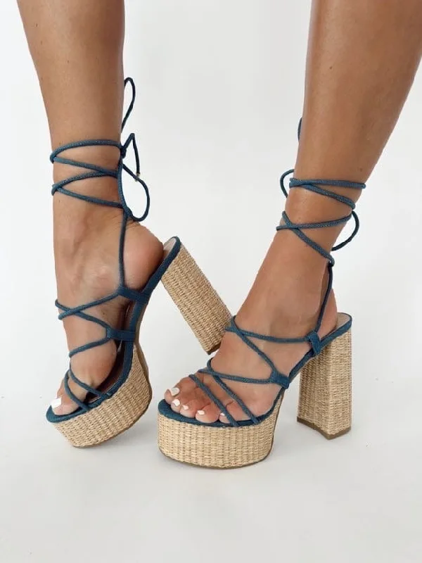 Stylish Platform Heels for Extra Height--Denim Lace Up Platform Heel