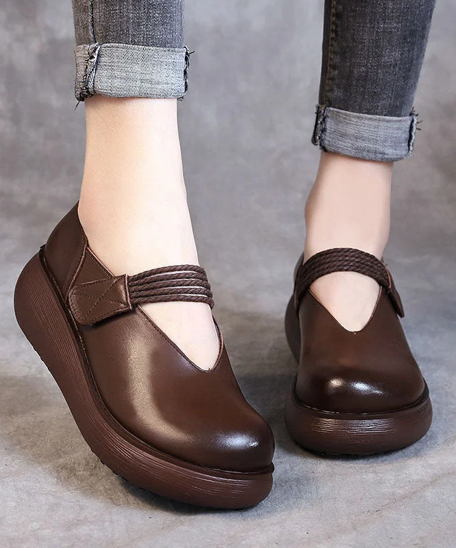 DIY Splicing Chunky High Wedge Heels Shoes Brown Cowhide Leather---Comfortable Leather Pumps for Office and Everyday Wear