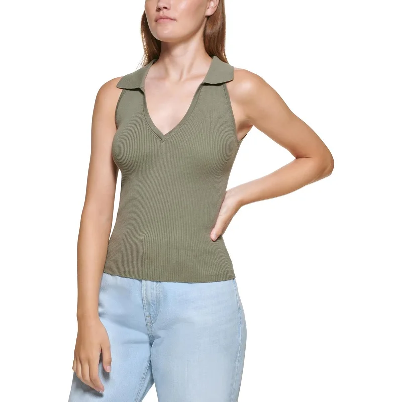 Women's denim tank top for layering over dresses -DKNY Jeans Womens V-Neck Polo Tank Top Sweater