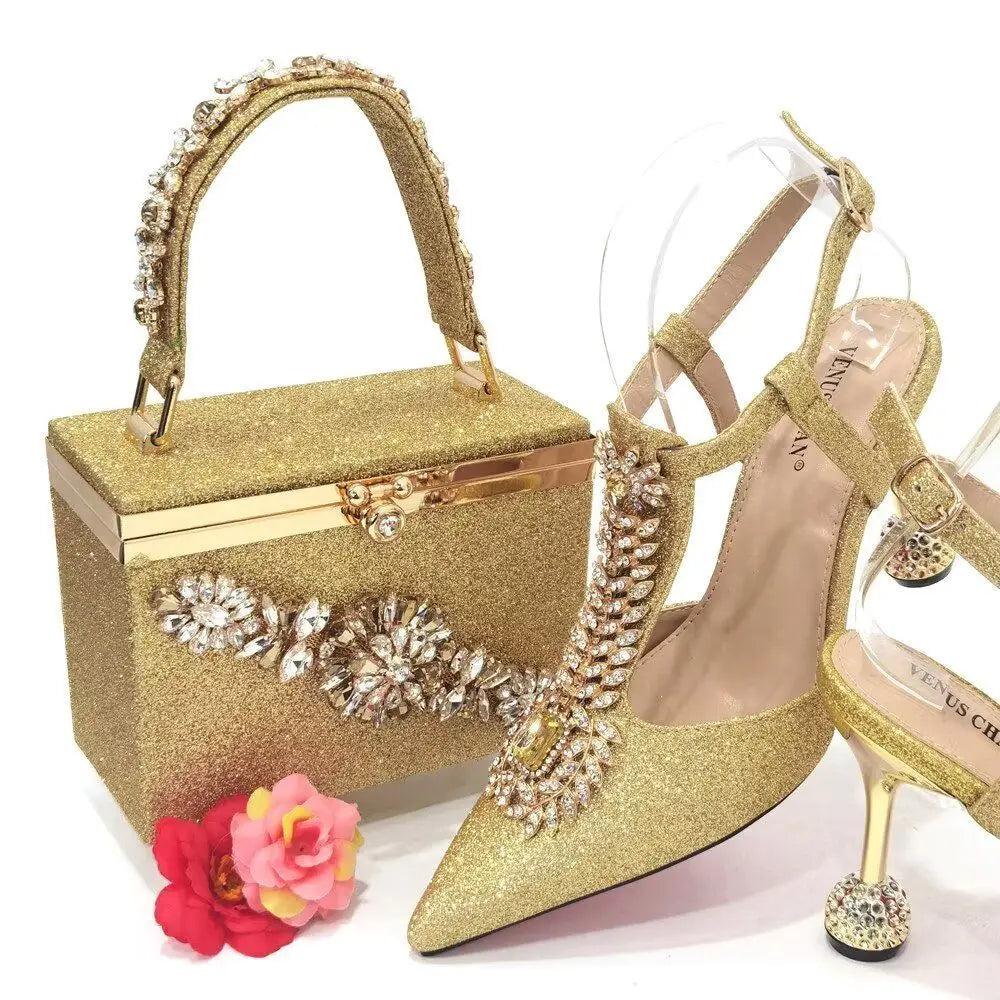 African Style Ladies Shoes And Bags Set Latest gold Italian Shoes And Bag Set