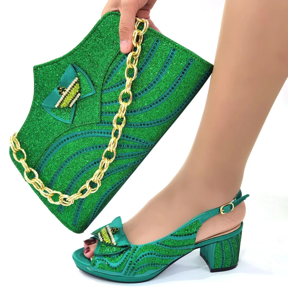 Wedding Shoes and Bag Set green Color Italian Shoes with Matching Bags