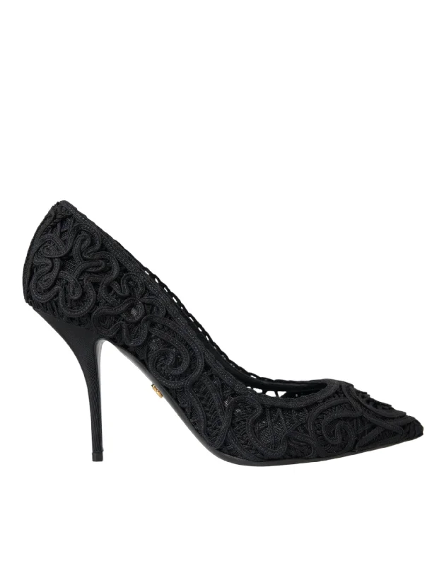 Versatile Dress Heels for Formal and Casual Wear---Dolce & Gabbana Black Cordonetto Ricamo Pump Heels Shoes