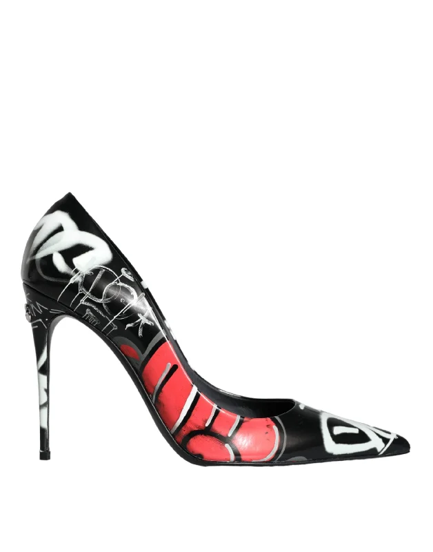 Dolce & Gabbana Black Graffiti Leather High Heels Pumps Shoes---Comfortable Leather Pumps for Office and Everyday Wear