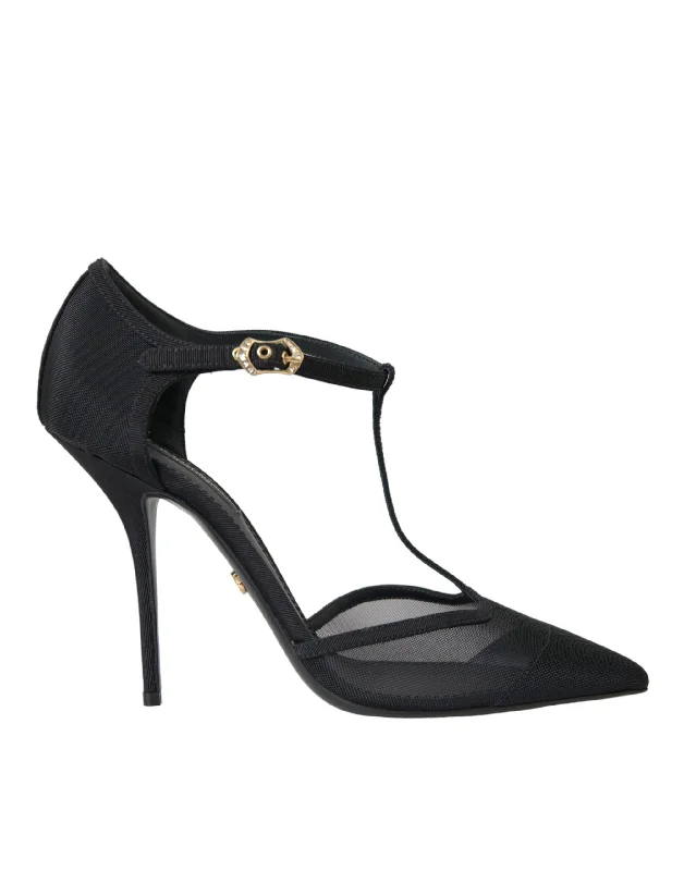 Stiletto Heel Pumps with Perfect Fit--Dolce & Gabbana Black Mesh T-strap Stiletto Heel Pumps Shoes-Fashionable & Classic