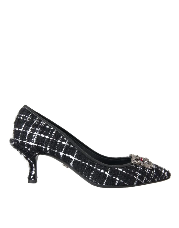 Versatile Dress Heels for Formal and Casual Wear---Dolce & Gabbana Black White Tweed DG Amore Heels Pumps Shoes