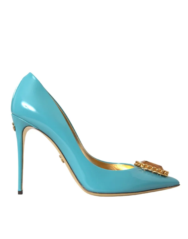 Dolce & Gabbana Blue Gold Leather Crystals Heels Pumps Shoes---Comfortable Leather Pumps for Office and Everyday Wear