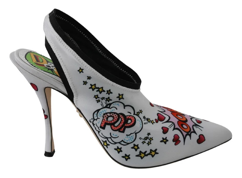 Versatile Dress Heels for Formal and Casual Wear---Dolce & Gabbana Chic White Multicolor Slingbacks Pumps