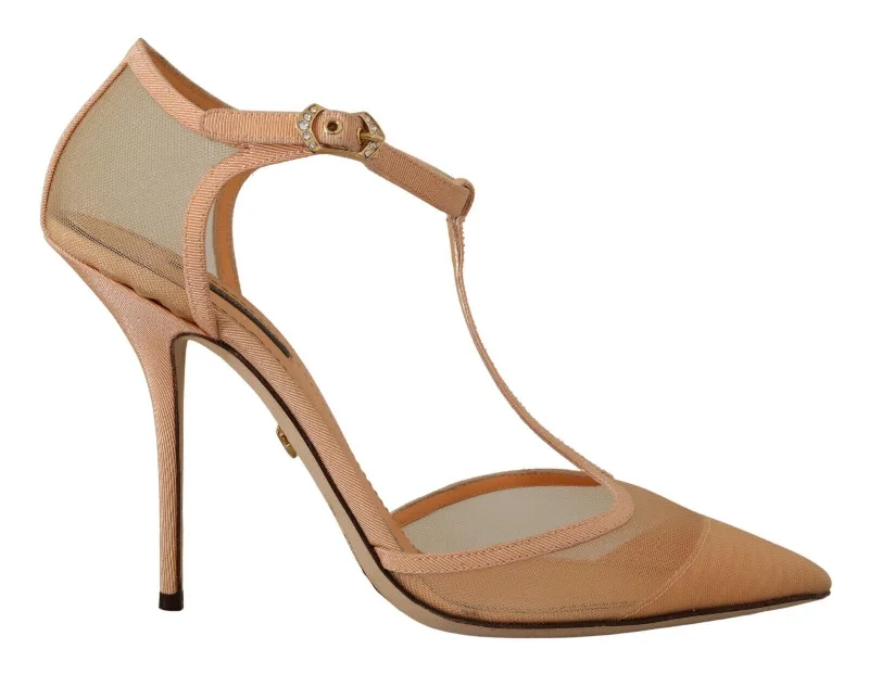 Versatile Dress Heels for Formal and Casual Wear---Dolce & Gabbana Elegant Beige Mesh T-Strap Pumps