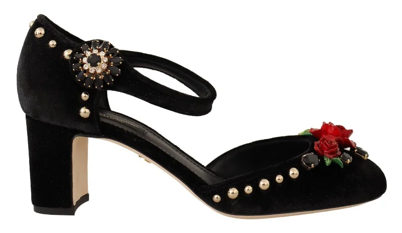 Luxurious Velvet Women's Pumps with Soft Finish---Dolce & Gabbana Elegant Velvet Studded Heels with Floral Accent