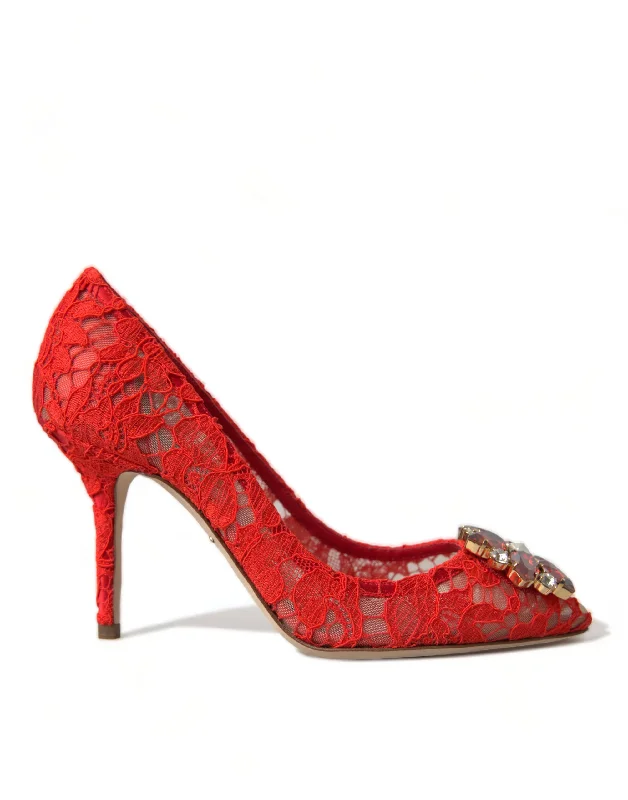 Dolce & Gabbana Exquisite Crystal-Embellished Red Lace Heels---Chic Embellished Pumps for a Glamorous Look