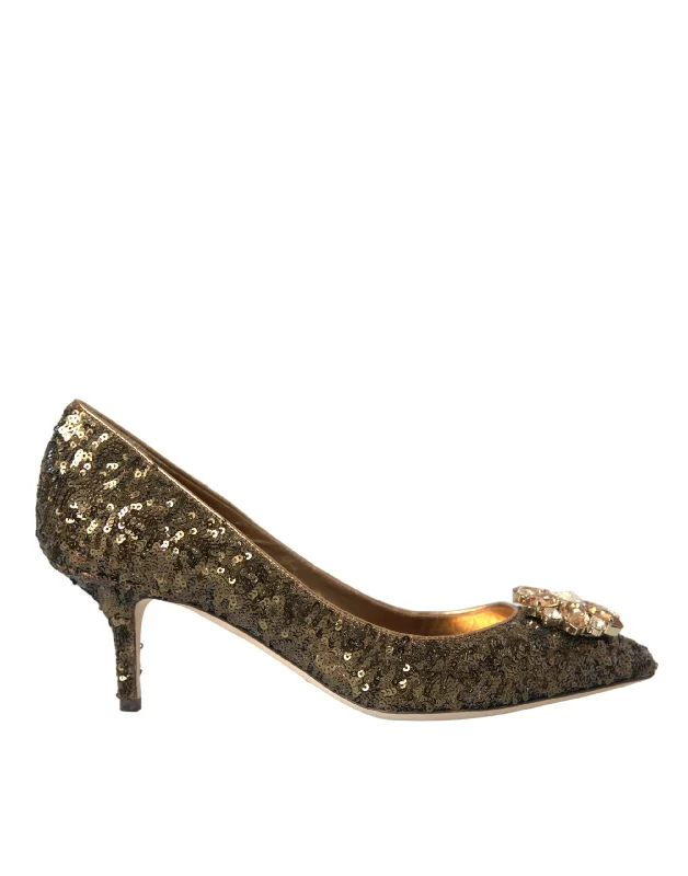 Affordable Rhinestone Pumps for a Dazzling Look---Dolce & Gabbana Gold Sequin Crystals Bellucci Heels Pumps Shoes