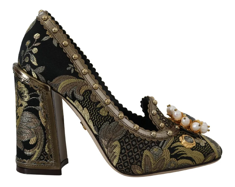 Dolce & Gabbana Golden Jacquard Brocade Square Toe Pumps---Durable Square Toe Block Heels for Everyday Use