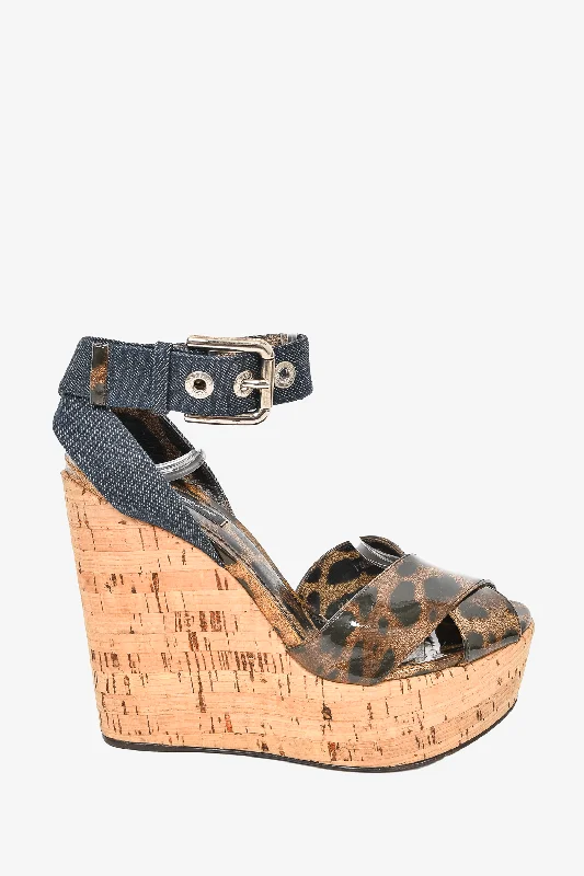 Dolce & Gabbana Leopard/Blue Denim Wedge Heel Size 38---Chic Denim Fabric Heels for a Unique Look