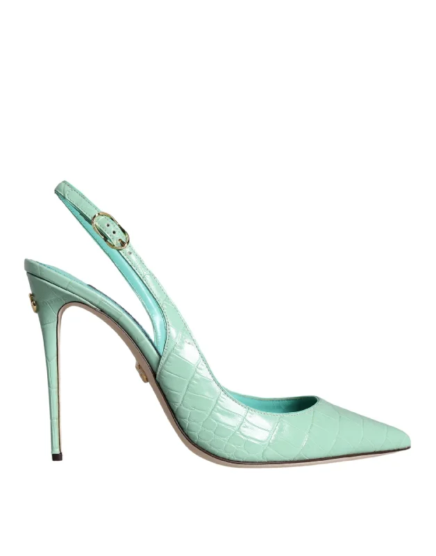 Dolce & Gabbana Mint Green Leather Heels Slingback Pumps Shoes---Comfortable Leather Pumps for Office and Everyday Wear