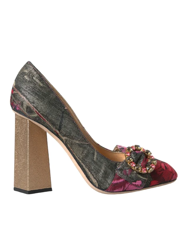 Affordable Rhinestone Pumps for a Dazzling Look---Dolce & Gabbana Multicolor Floral Jacquard Crystal Heels Pumps Shoes