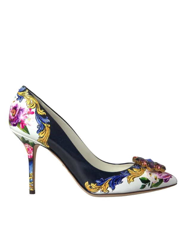 Dolce & Gabbana Multicolor Floral Leather Crystal Heels Pumps Shoes---Comfortable Leather Pumps for Office and Everyday Wear