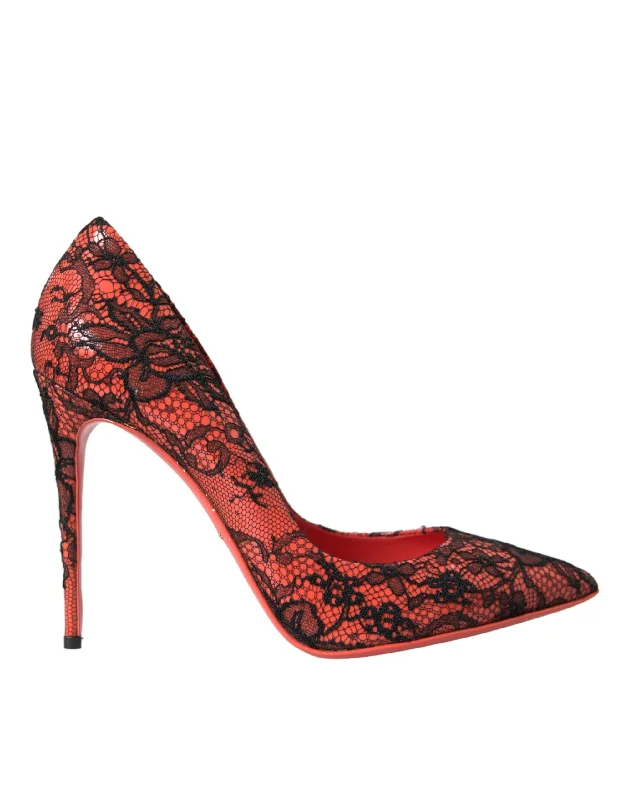 Dolce & Gabbana Orange Black Lace Leather Heels Pumps Shoes---Comfortable Leather Pumps for Office and Everyday Wear