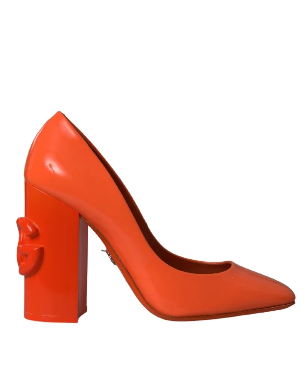 Sleek and Shiny Patent Pump Heels for a Polished Look--Dolce & Gabbana Orange Patent Leather Logo Heels Pumps Shoes