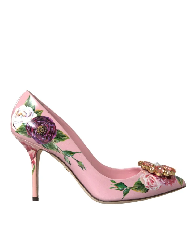 Dolce & Gabbana Pink Floral Leather Crystal Heels Pumps Shoes---Comfortable Leather Pumps for Office and Everyday Wear