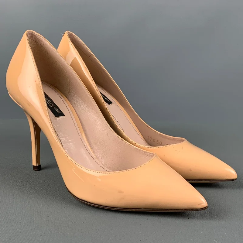 Sleek and Shiny Patent Pump Heels for a Polished Look--DOLCE & GABBANA Size 7 Beige Patent Leather Pointed Toe Pumps