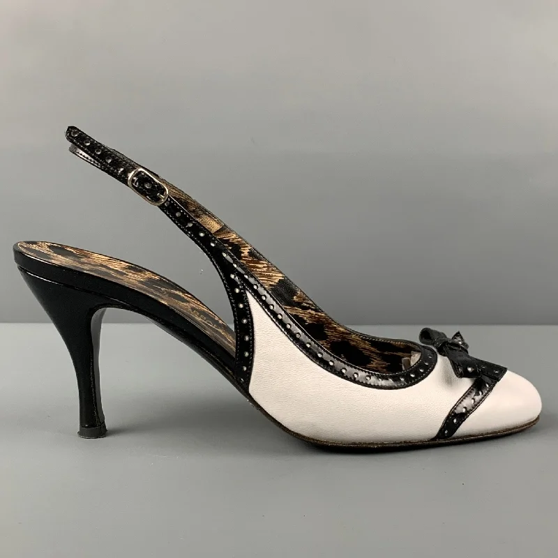 DOLCE & GABBANA Size 7 White Black Leather Color Block Slingback Pumps---Comfortable Leather Pumps for Office and Everyday Wear