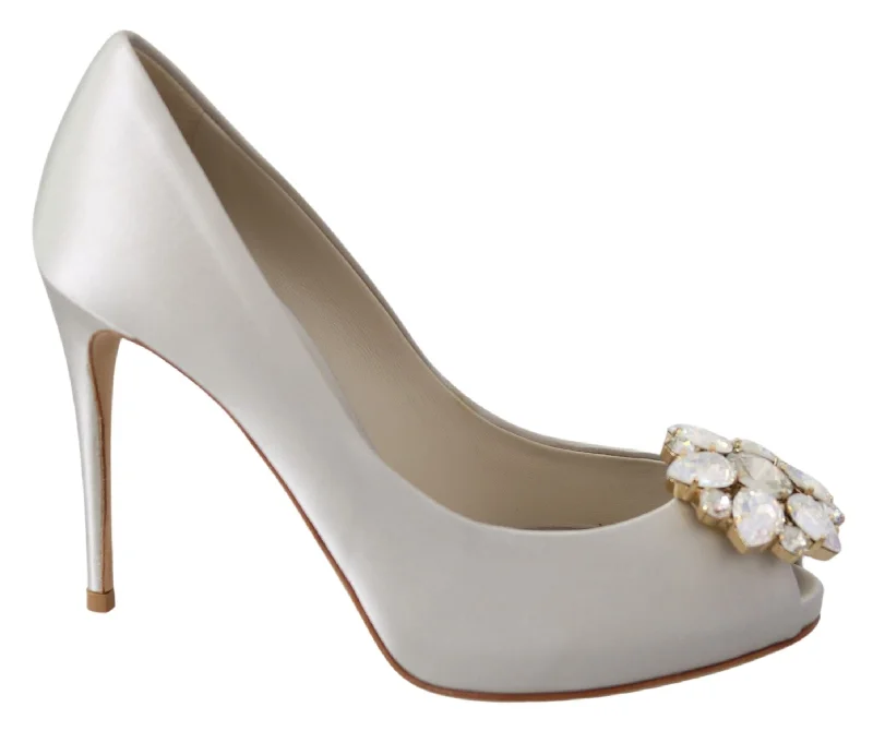 Trendy Peep Toe Platform Heels Crafted from Genuine Leather--Dolce & Gabbana White Crystal Peep Toe Silk Blend Heels