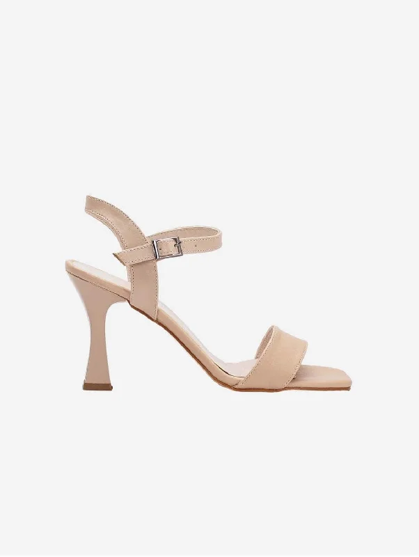 Stylish Open Toe Heels for Summer--Donna Women's Open Toe Heeled Vegan Leather Shoes | Beige