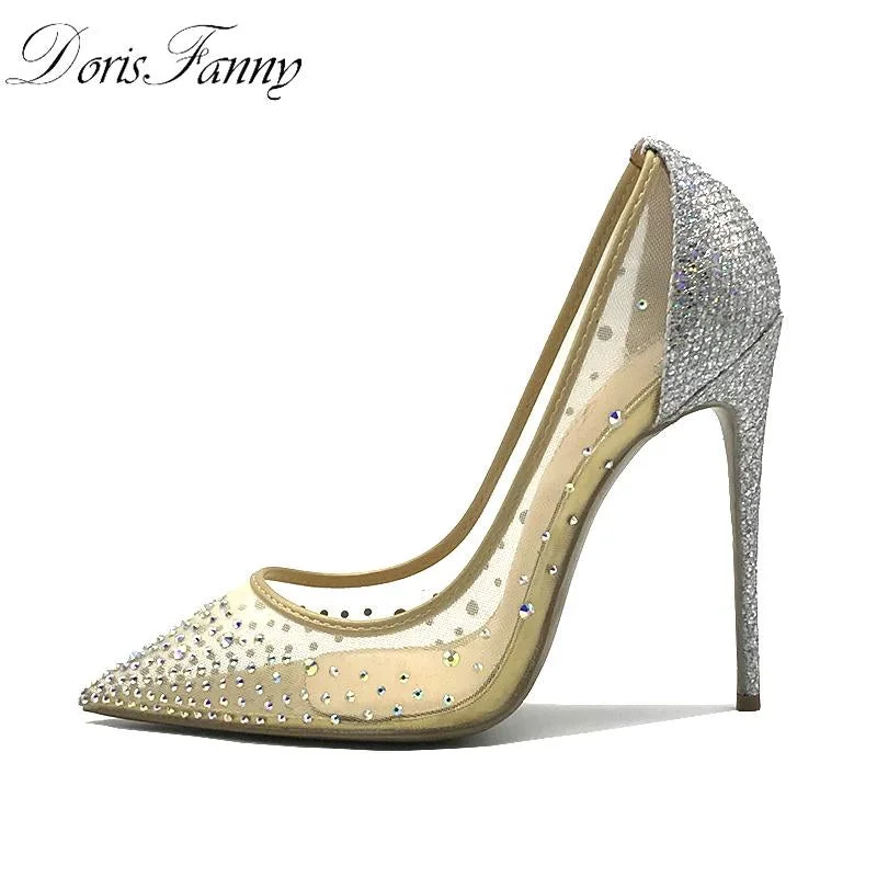 Stiletto Heel Pumps with Perfect Fit--DorisFanny rhinestone Women Pointed Toe Heels Crystal bling Silver Shoes high heels pumps 12cm  see through Party Wedding shoes-Fashionable & Classic