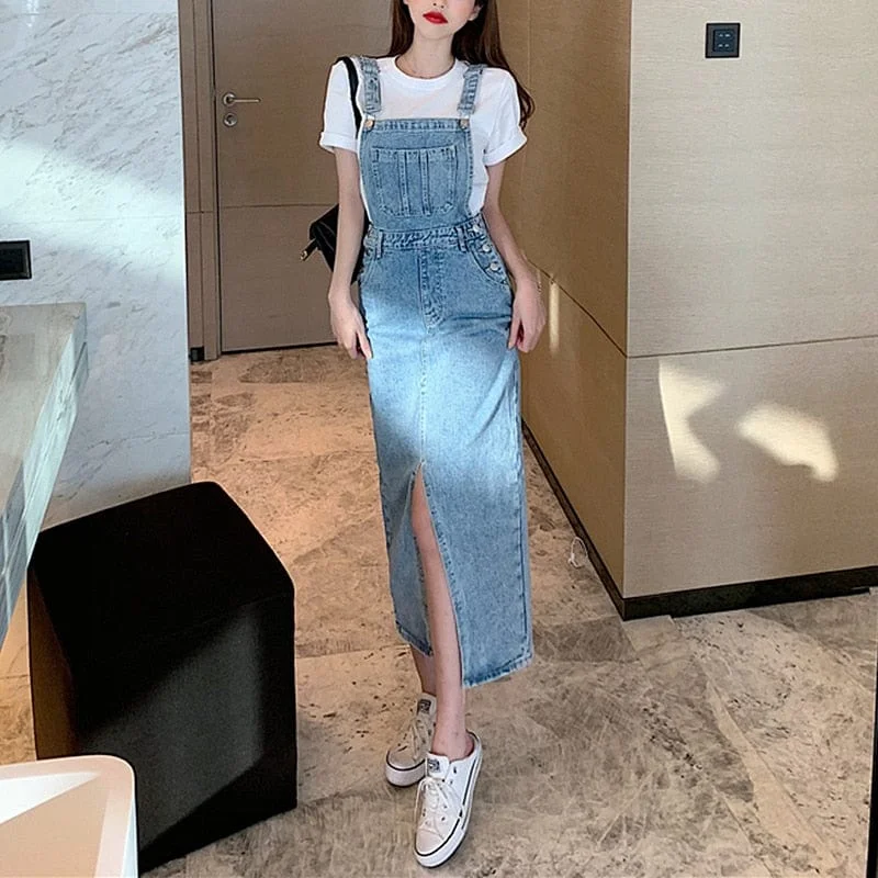 Denim dress with gathered neckline--Dream Denim Dress Overall