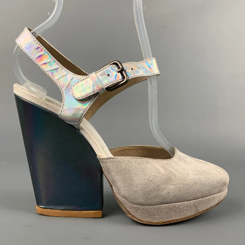 Affordable Suede Ankle Pumps for All-Day Wear--DRIES VAN NOTEN Size 5.5 Iridescent Grey Suede Platform Pumps