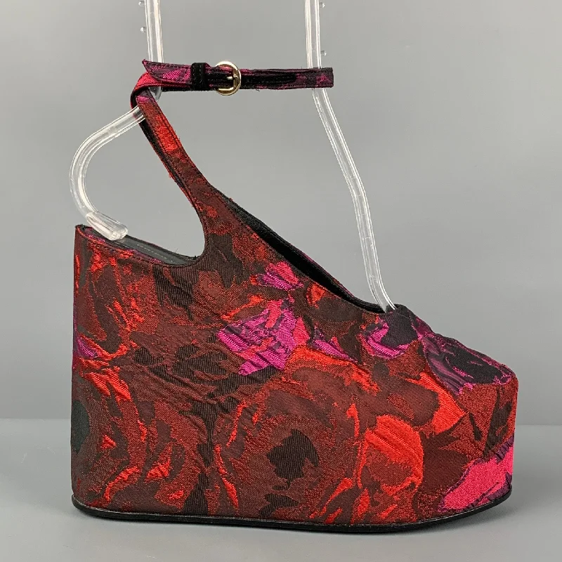 Stylish Platform Heels for Extra Height--DRIES VAN NOTEN Size 7.5 Red Black Floral Jacquard Platform Wedge Pumps